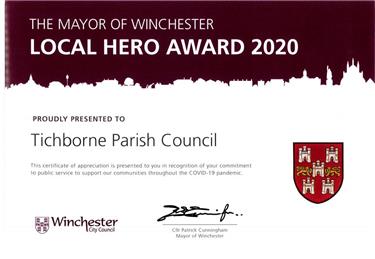 Certificate - Tichborne Parish Council wins Local Hero Award
